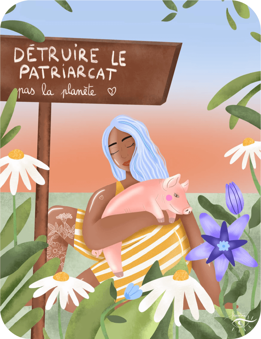 Illustration d'une femme en nature, cheveux bleux portant un cochon dans les bras