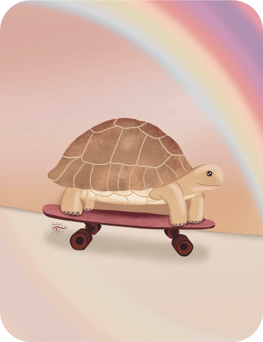 illustration d'une tortue sur un skate devant un arc-en-ciel