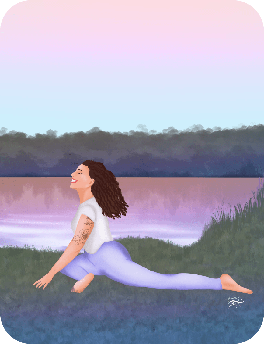 Illustration d'une femme en train de pratiquer le yoga aubord d'un étanhg à ondres