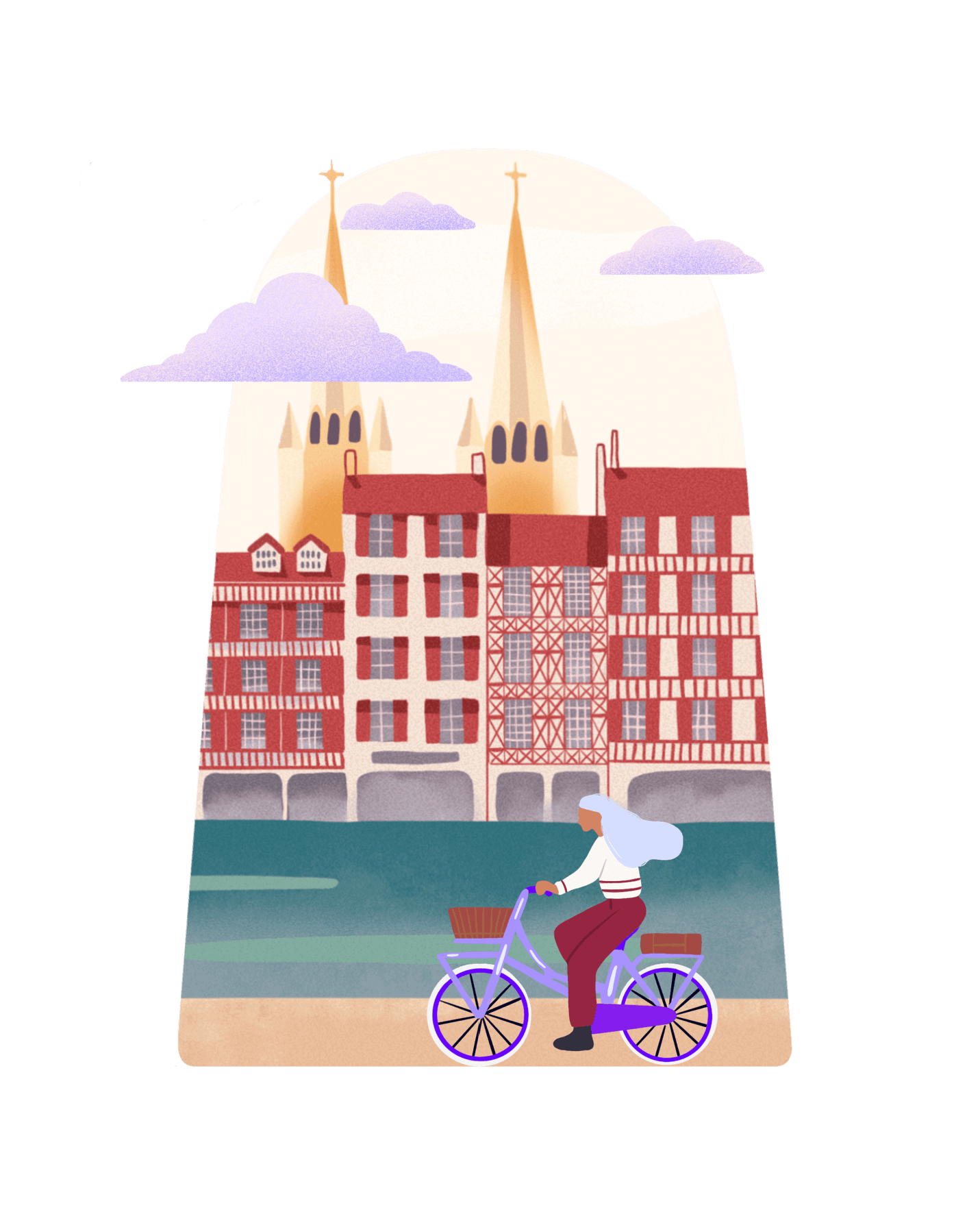 Illustration de la ville de Bayonne avec une vue sur la Nive, les maisons colombage et une femme à vélo